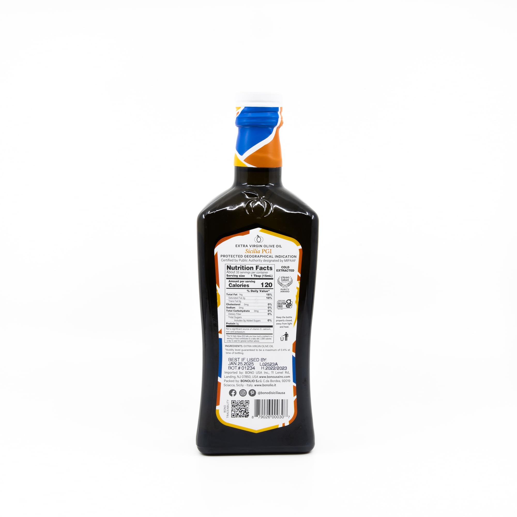 Bono label close-up highlighting PGI and purity certifications