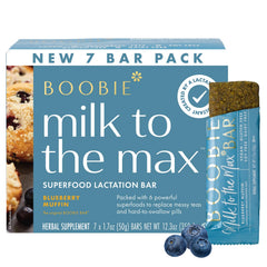 Boobie Brands pack front showing seven blueberry muffin lactation bars for convenience