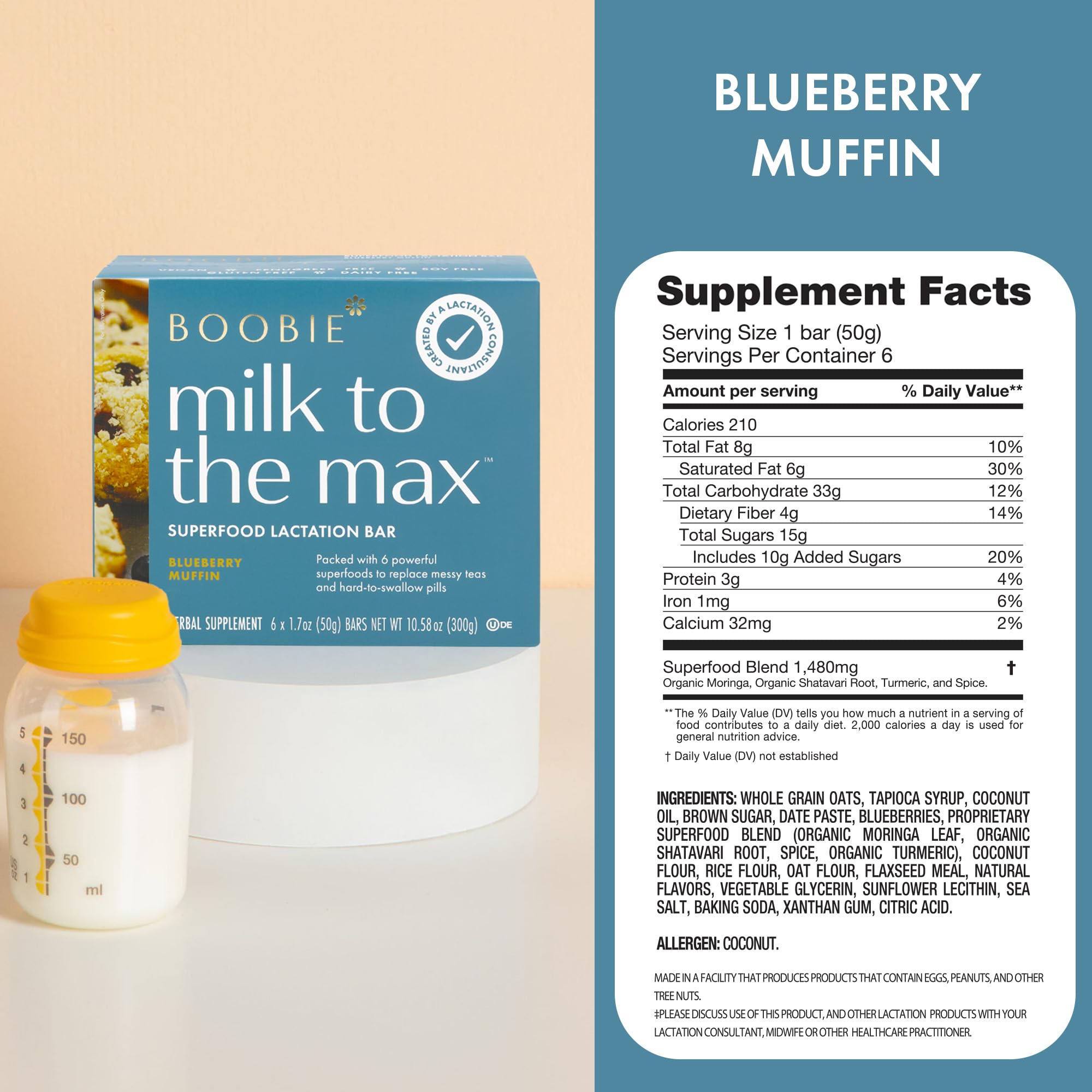 Boobie Brands cross-section showing bar texture and fiber-rich whole grains benefit