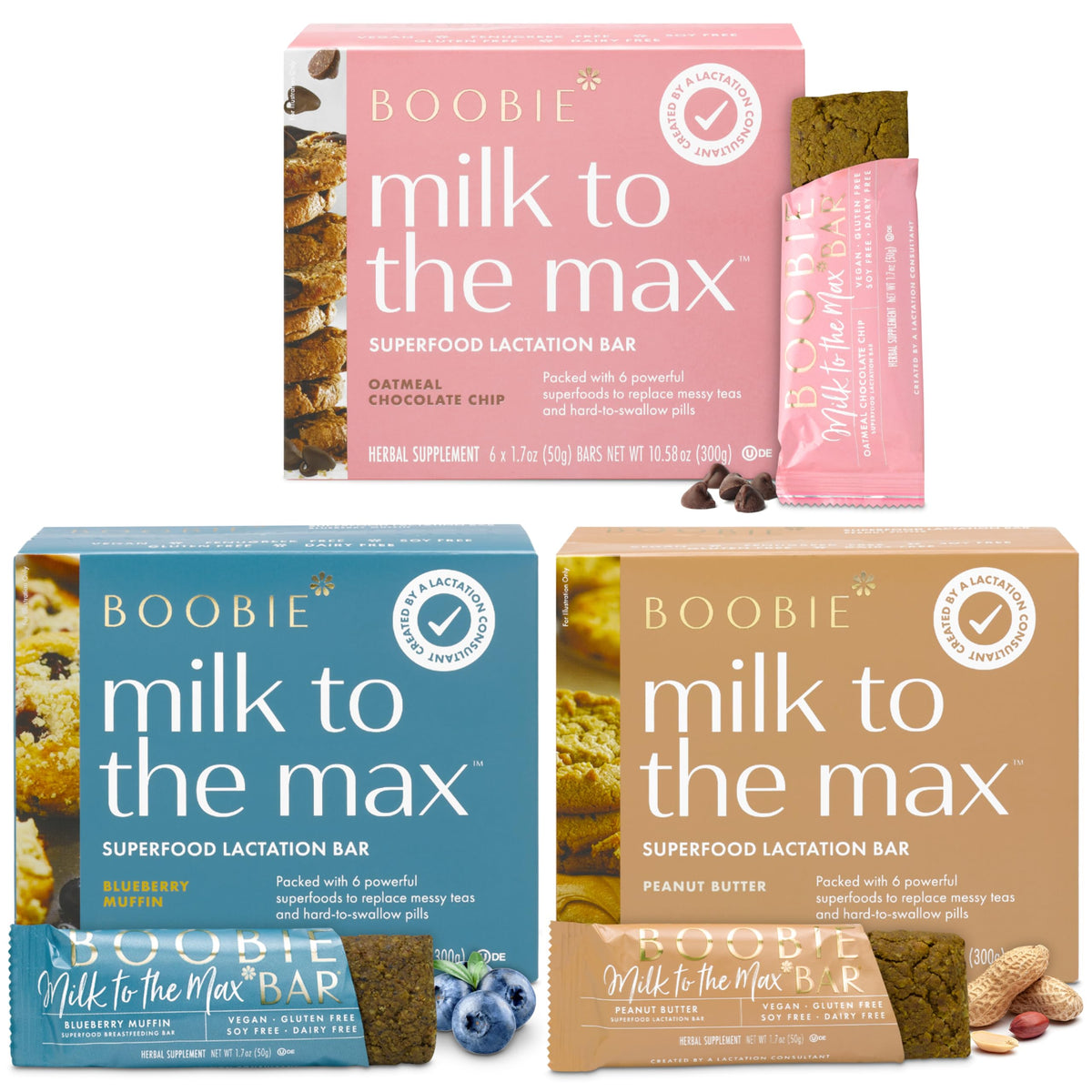 Boobie Brands front box variety pack showing three flavors and packaging benefits