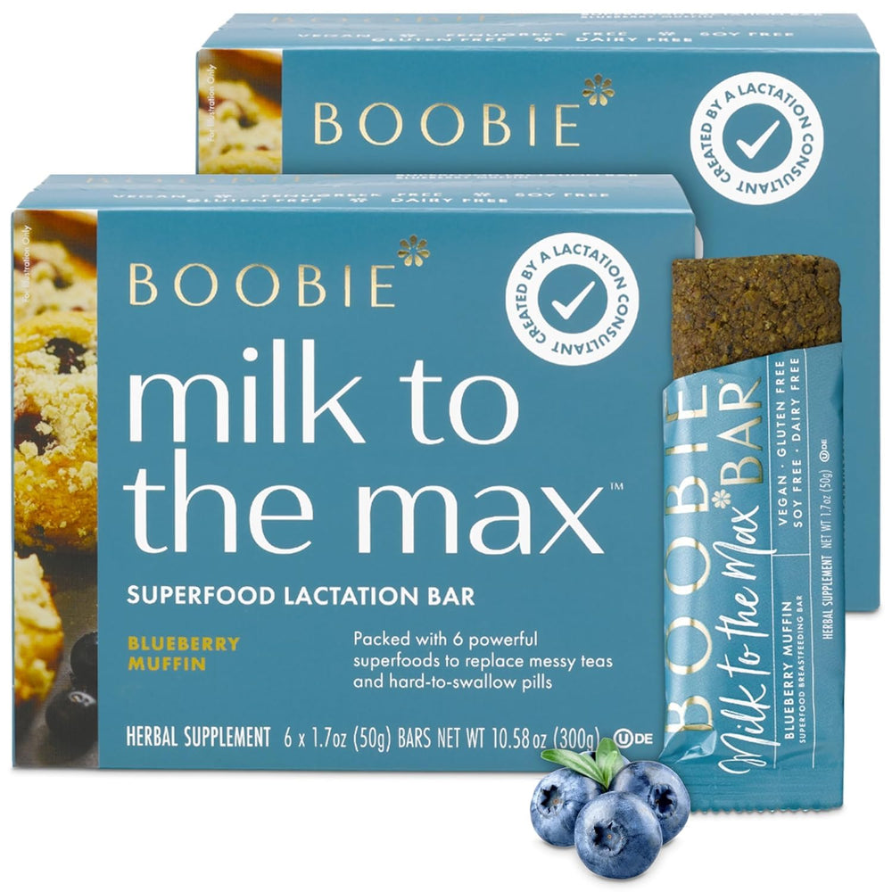 Boobie Brands front pack showing blueberry muffin bars and benefits