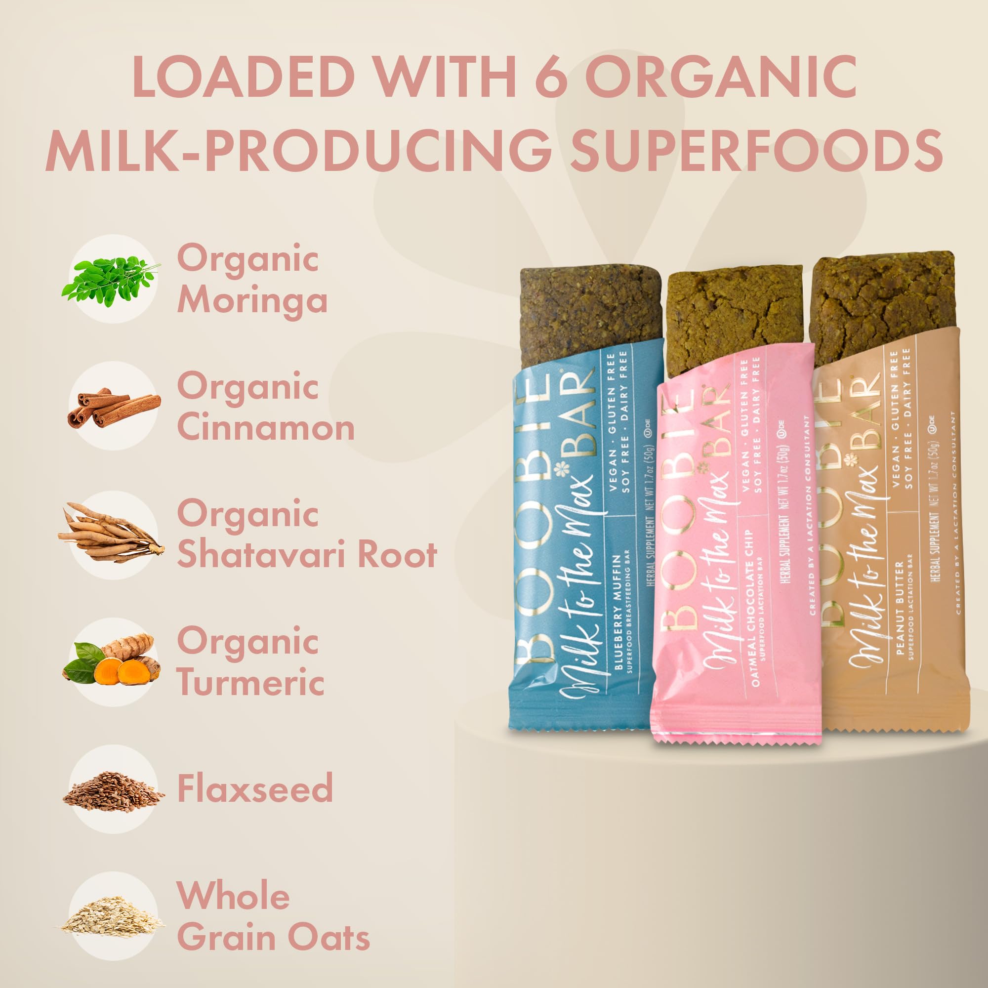 Boobie Brands wooden spoons of moringa, flaxseed and oats showing natural ingredients