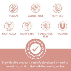 Boobie Brands ingredients flatlay including moringa, flaxseed, oats for support