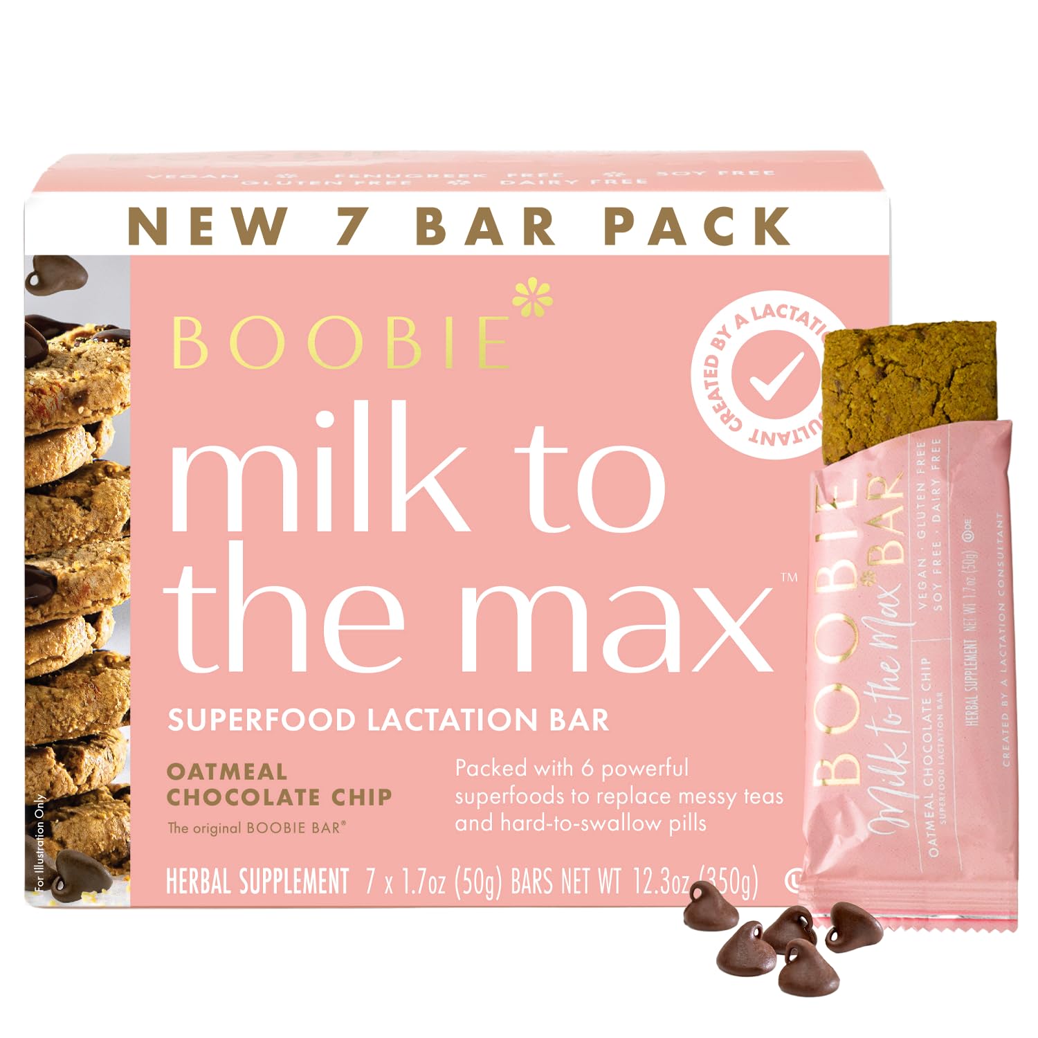 Boobie Brands front packaging showing seven oatmeal choc chip lactation bars and benefits