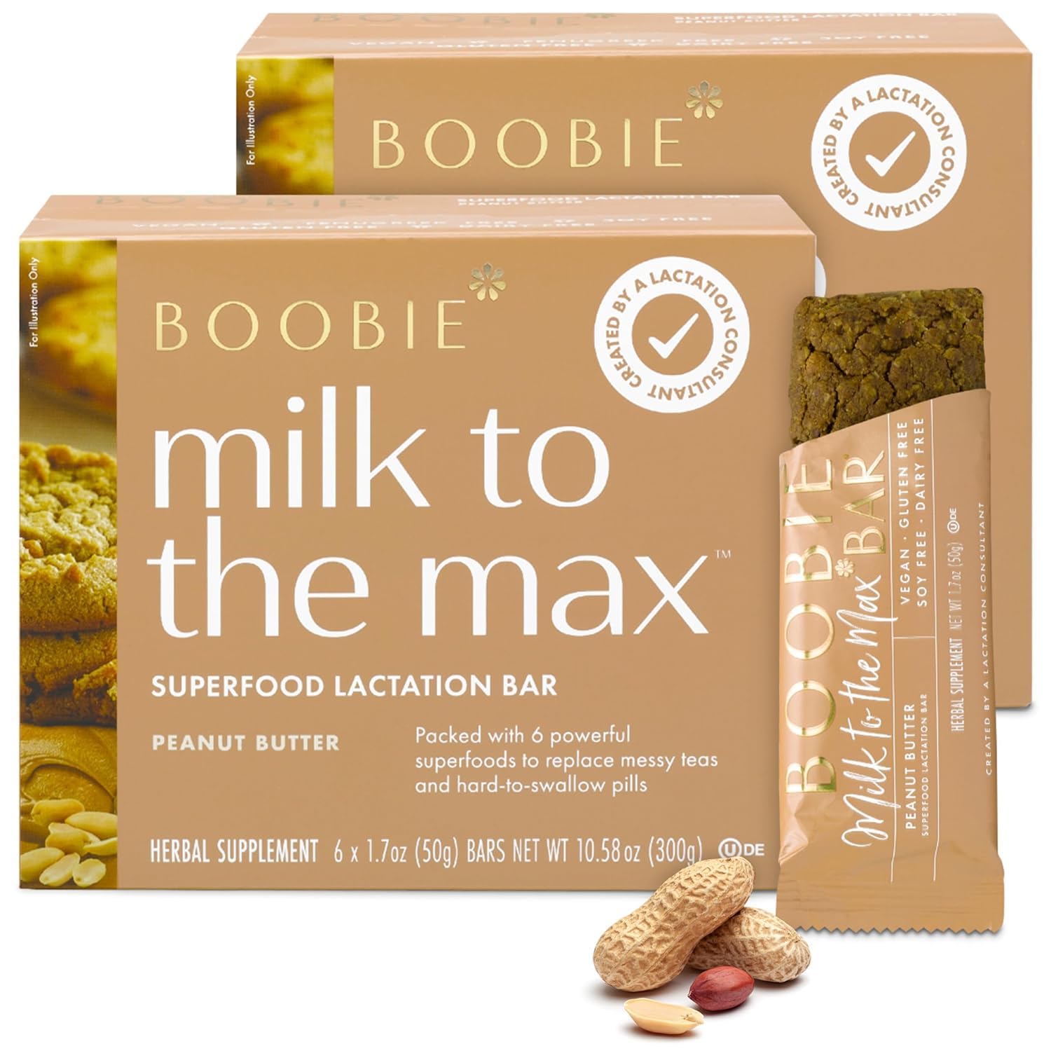 Boobie Brands front packaging showing peanut butter lactation bars and benefits