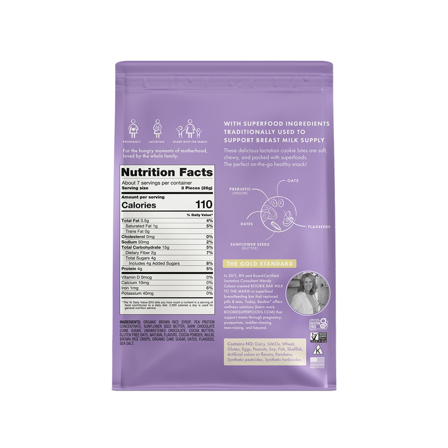 Boobie Brands nutrition label close-up showing low-sugar and allergen info