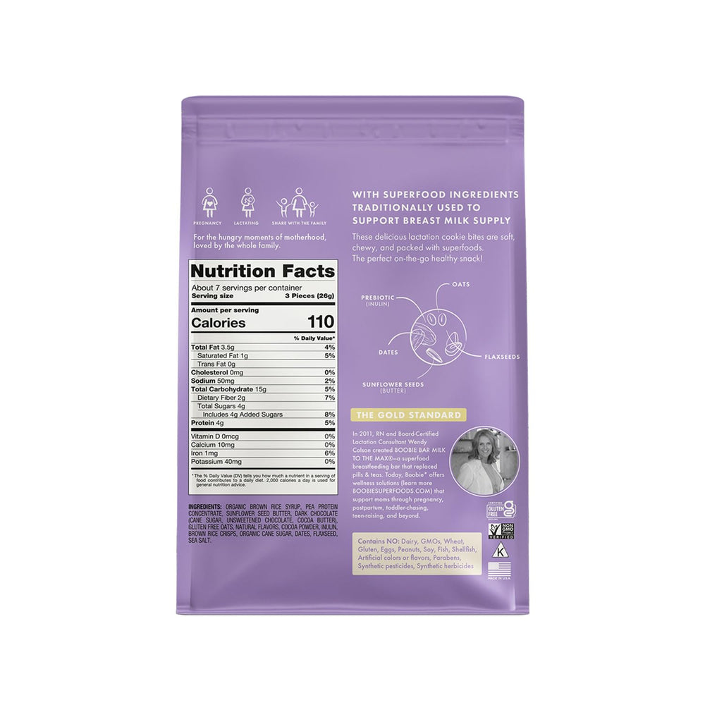 Boobie Brands nutrition label close-up showing low-sugar and allergen info