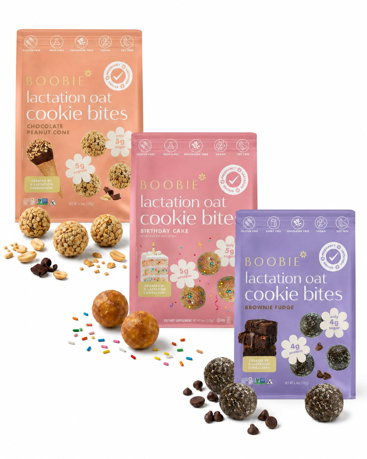Boobie Brands three-pack front view showing all three cookie flavors and convenience