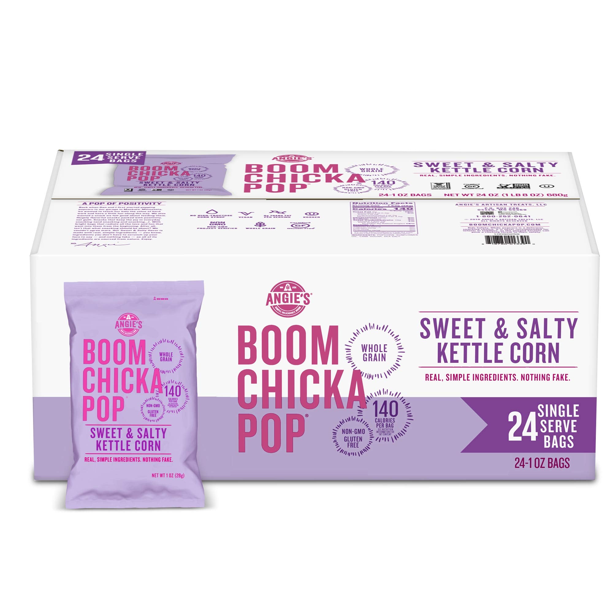 BOOMCHICKAPOP front packaging shows single 1 oz bag and brand benefits