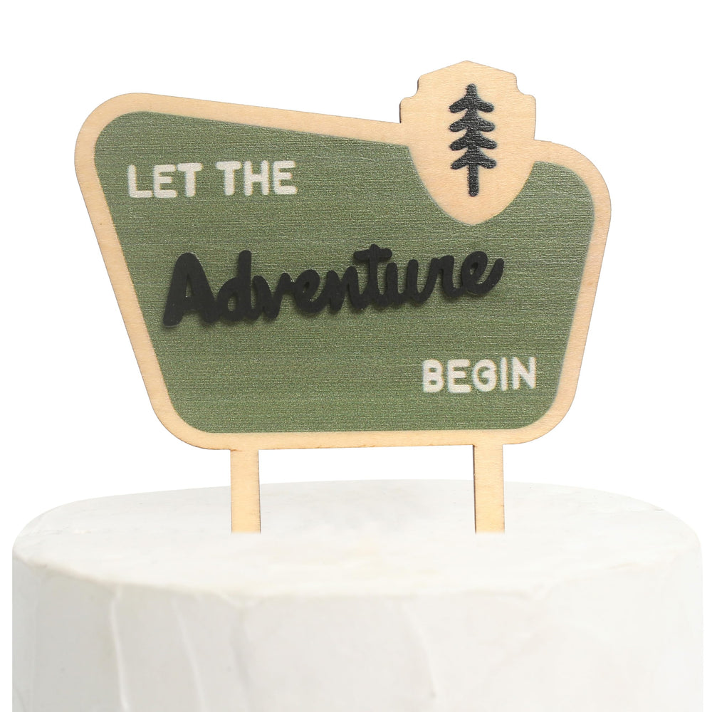 BOOMPA front view wooden cake topper shows adventure text, great photo focal point