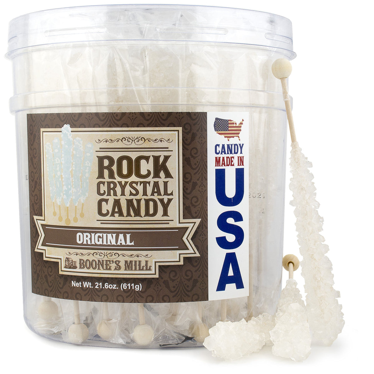 Boone's Mill front packaging showing 36 clear white candy sticks and brand