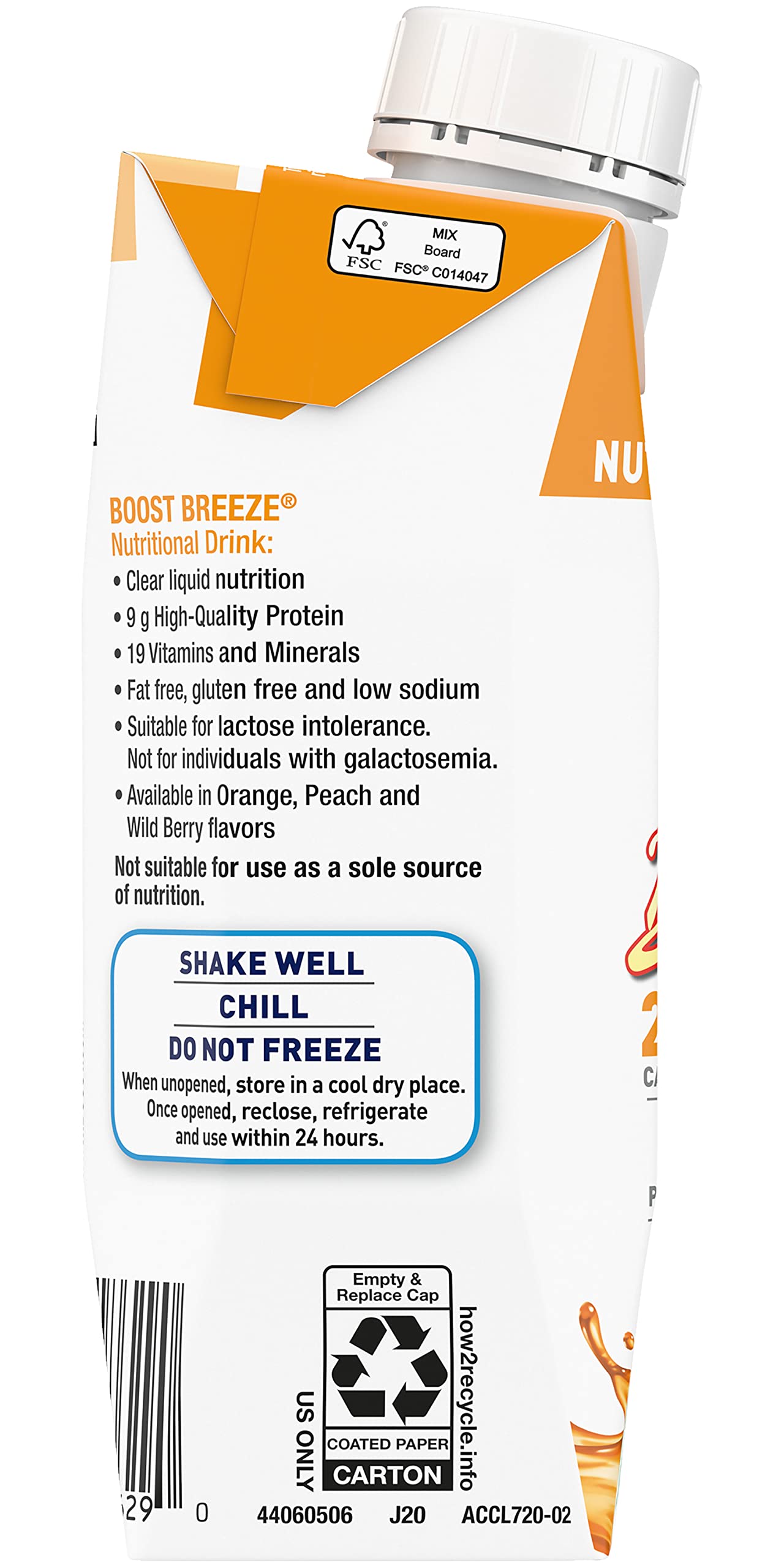 BOOST Breeze ingredients panel highlighting 9g protein and 19 vitamins and minerals