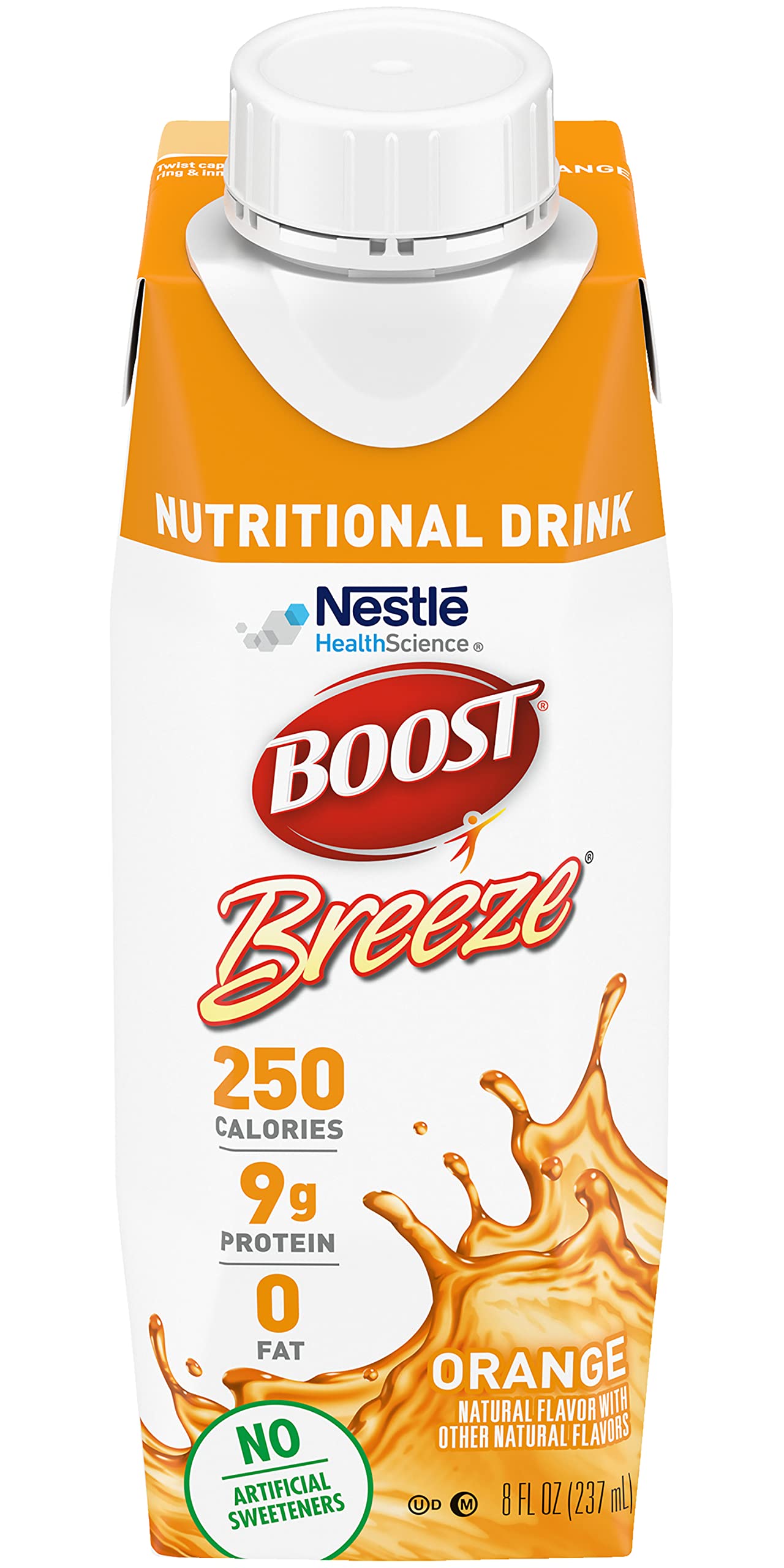 BOOST Breeze close-up label showing nutrition facts and clear orange color