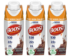 BOOST front packaging showing three chocolate bottles and convenience