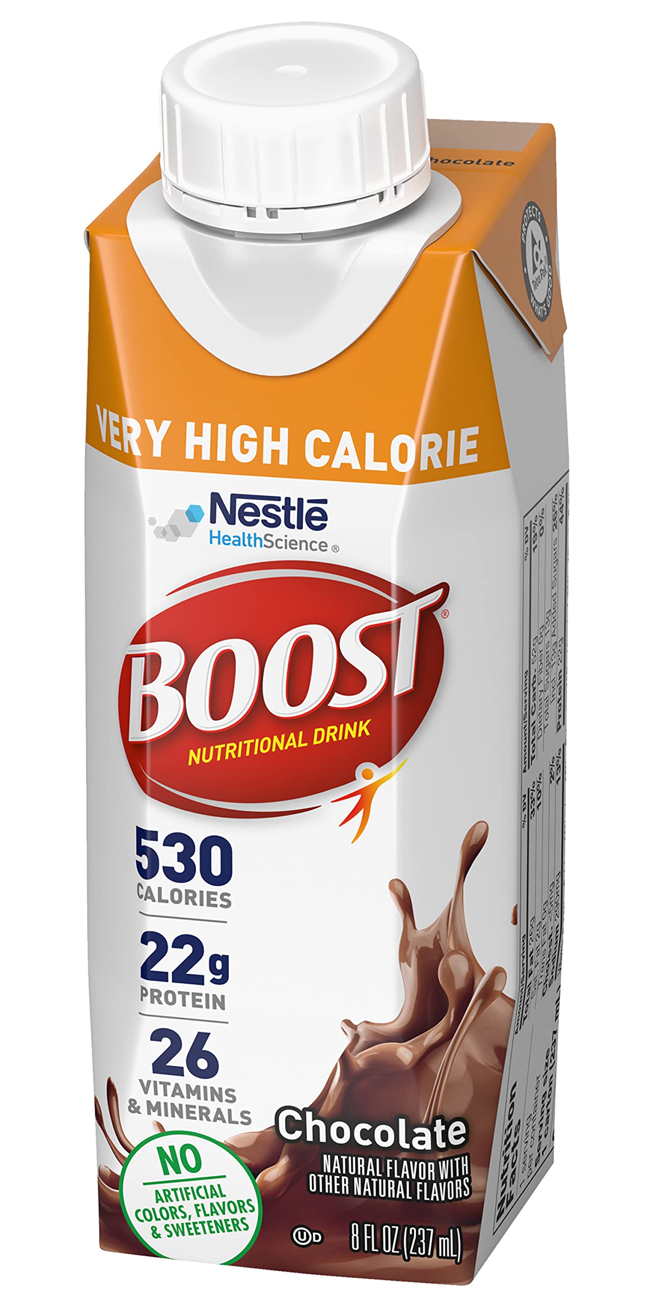BOOST bottle beside a glass to show 8 fl oz serving size