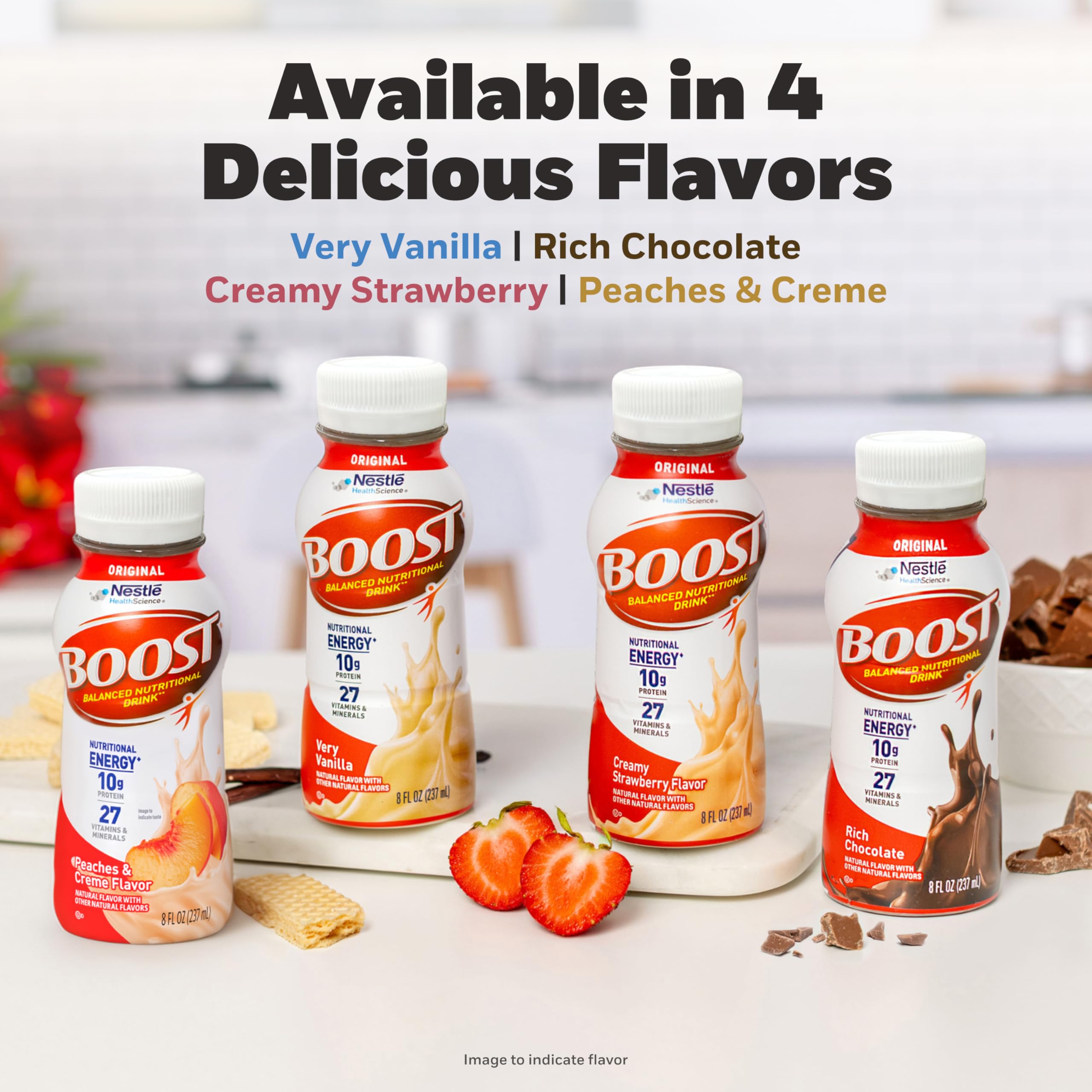 BOOST creamy strawberry bottle on a breakfast table demonstrating morning routine use
