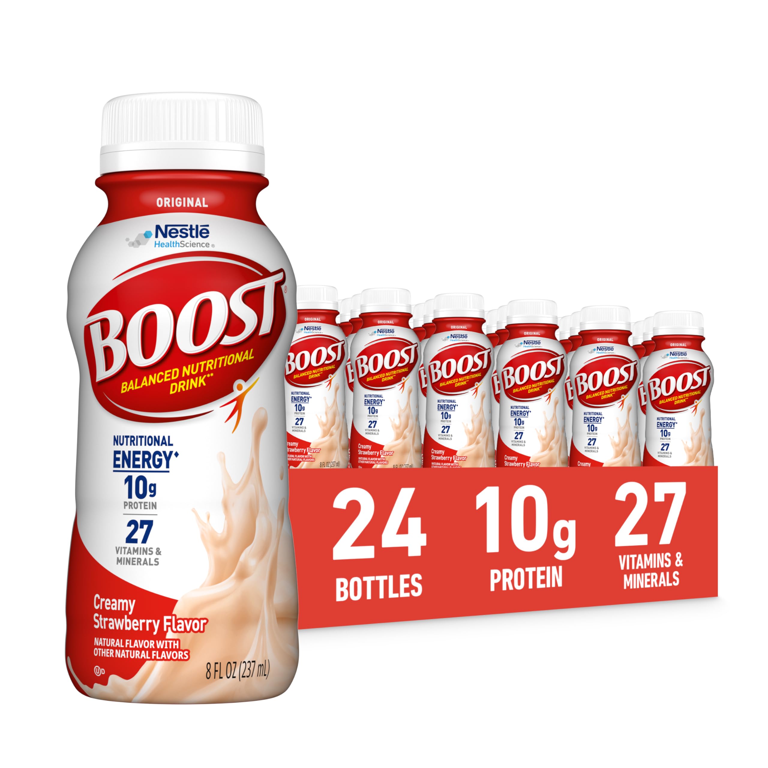 BOOST creamy strawberry front bottle showing branding and nutrition facts for convenience