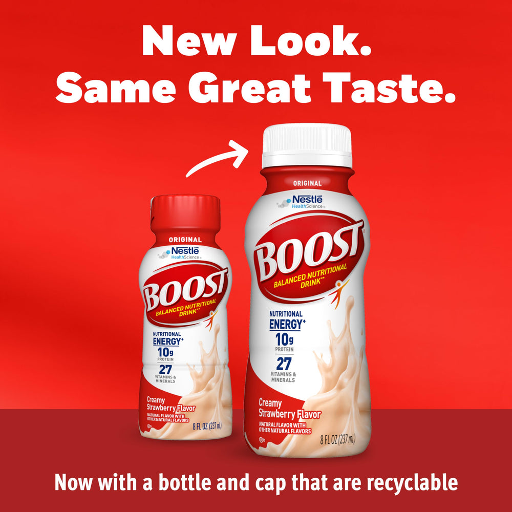 BOOST creamy strawberry being poured into glass highlighting smooth texture and taste