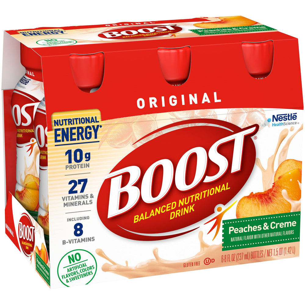 BOOST bottle angled to display serving size and ready-to-drink convenience benefit