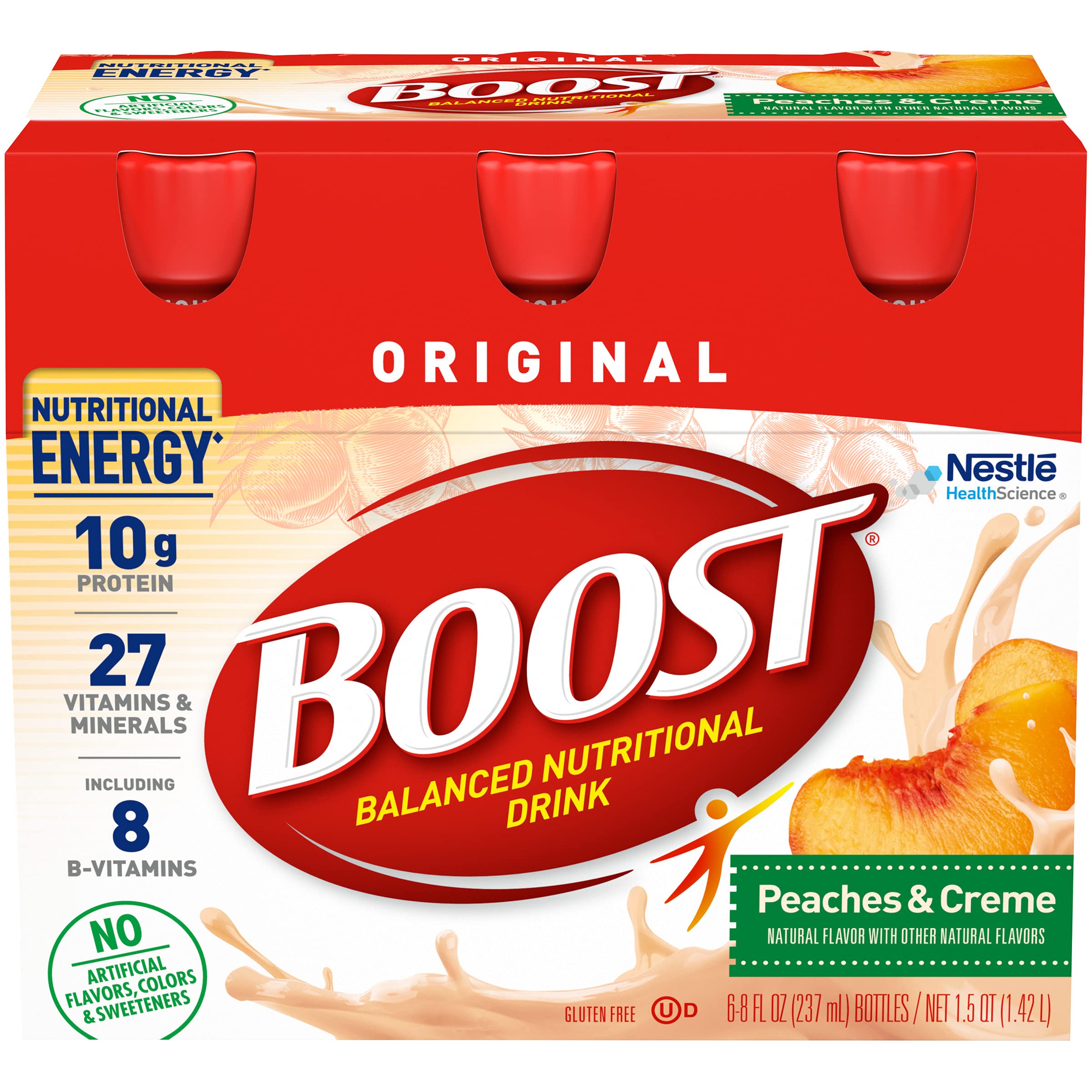 BOOST front packaging showing peaches & crème bottle and nutrition facts benefit convenience