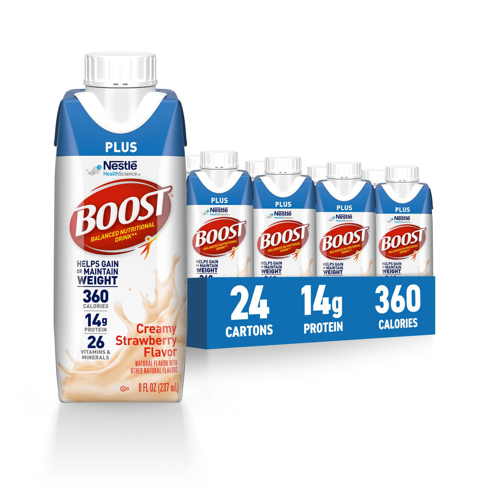 BOOST front packaging showing creamy strawberry flavor and easy resealable carton