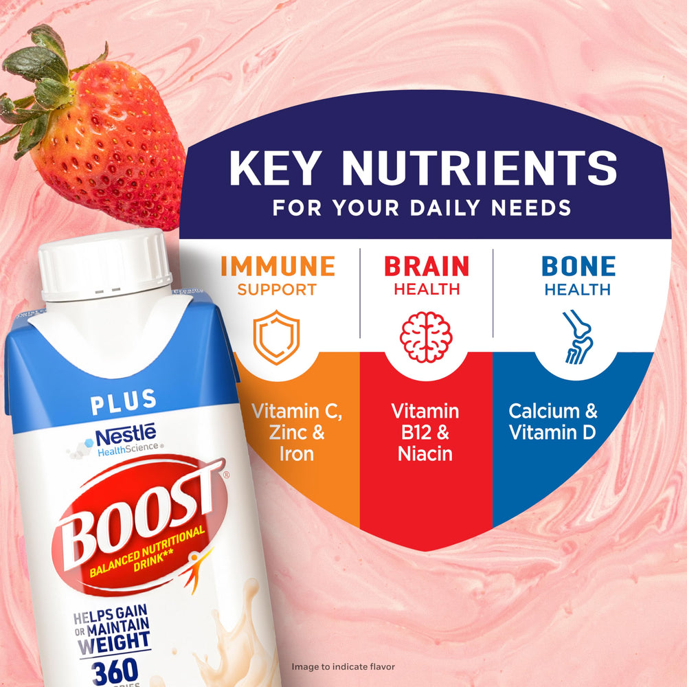 BOOST being poured into a glass to show creamy texture and appetizing color