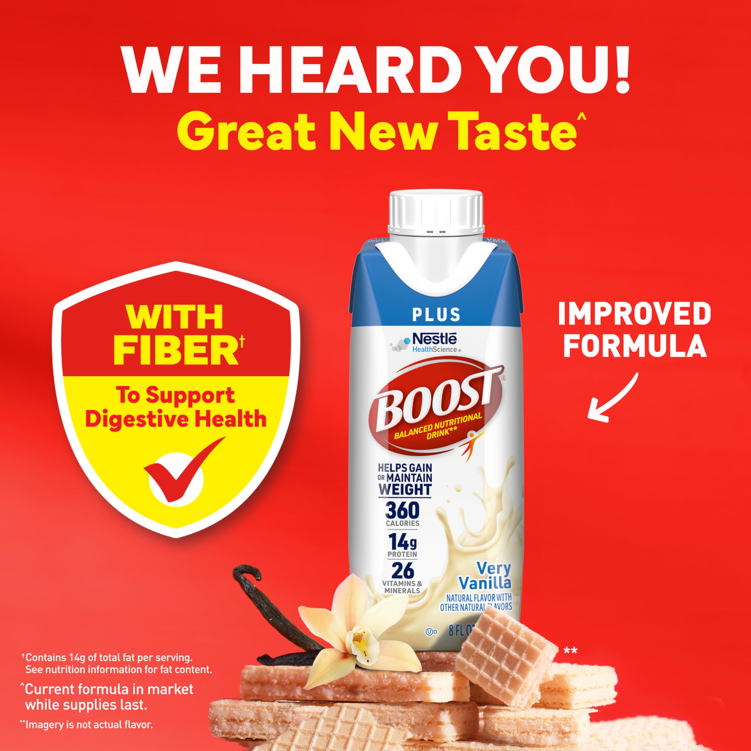 BOOST pour showing creamy vanilla texture and visible thickness for calorie density
