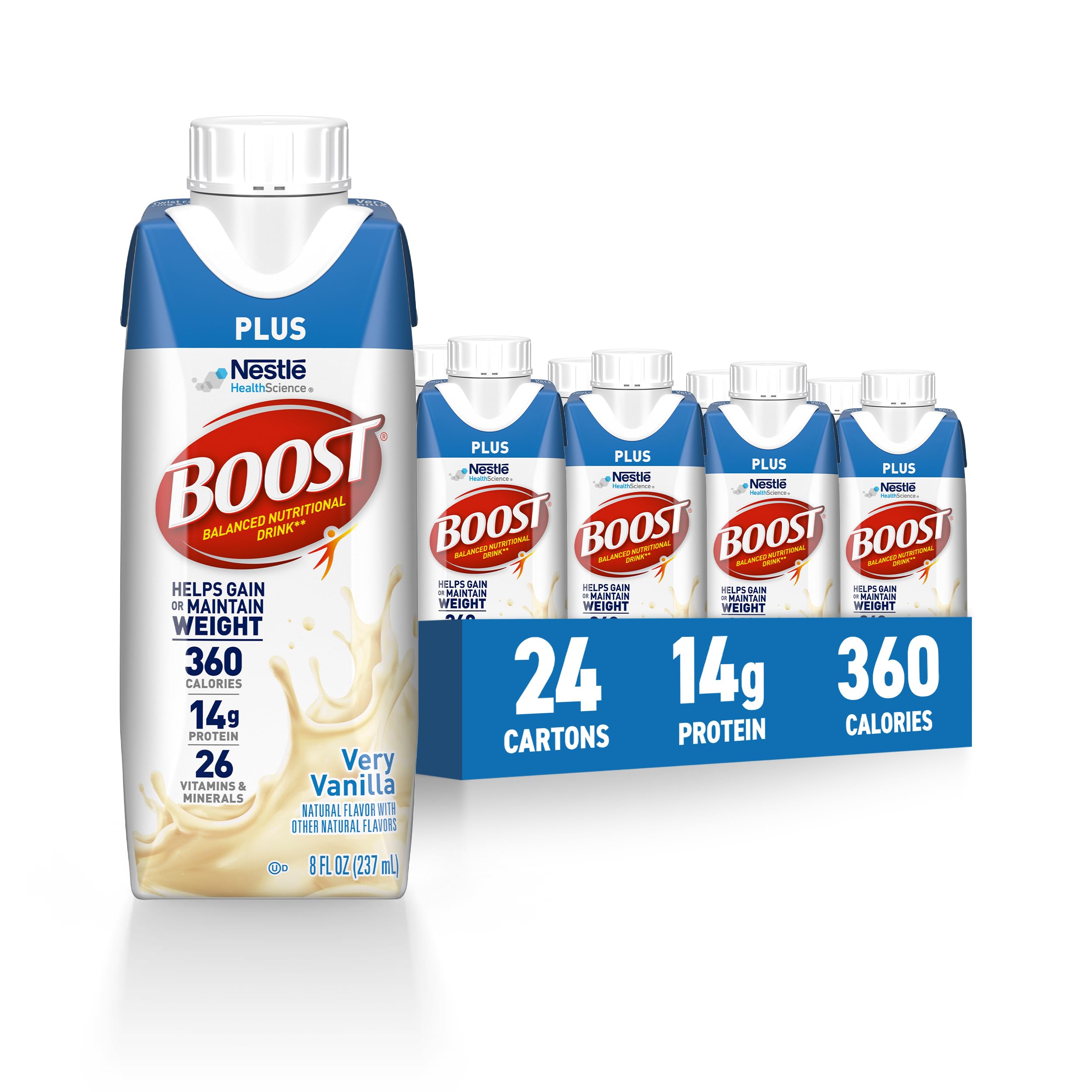 BOOST front carton showing very vanilla flavor and resealable cap for portability