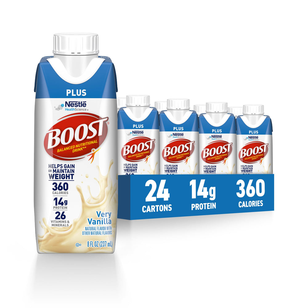 BOOST front carton showing very vanilla flavor and resealable cap for portability
