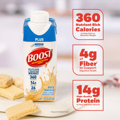 BOOST single served carton beside a glass to show portion and easy drinking