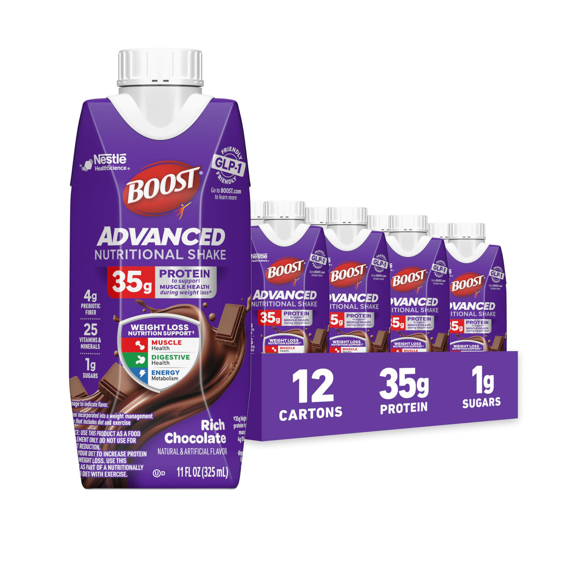 BOOST rich chocolate front carton showing product and ready-to-drink convenience