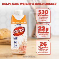 BOOST bottle held in hand illustrating portable calorie-dense mini-meal on the go
