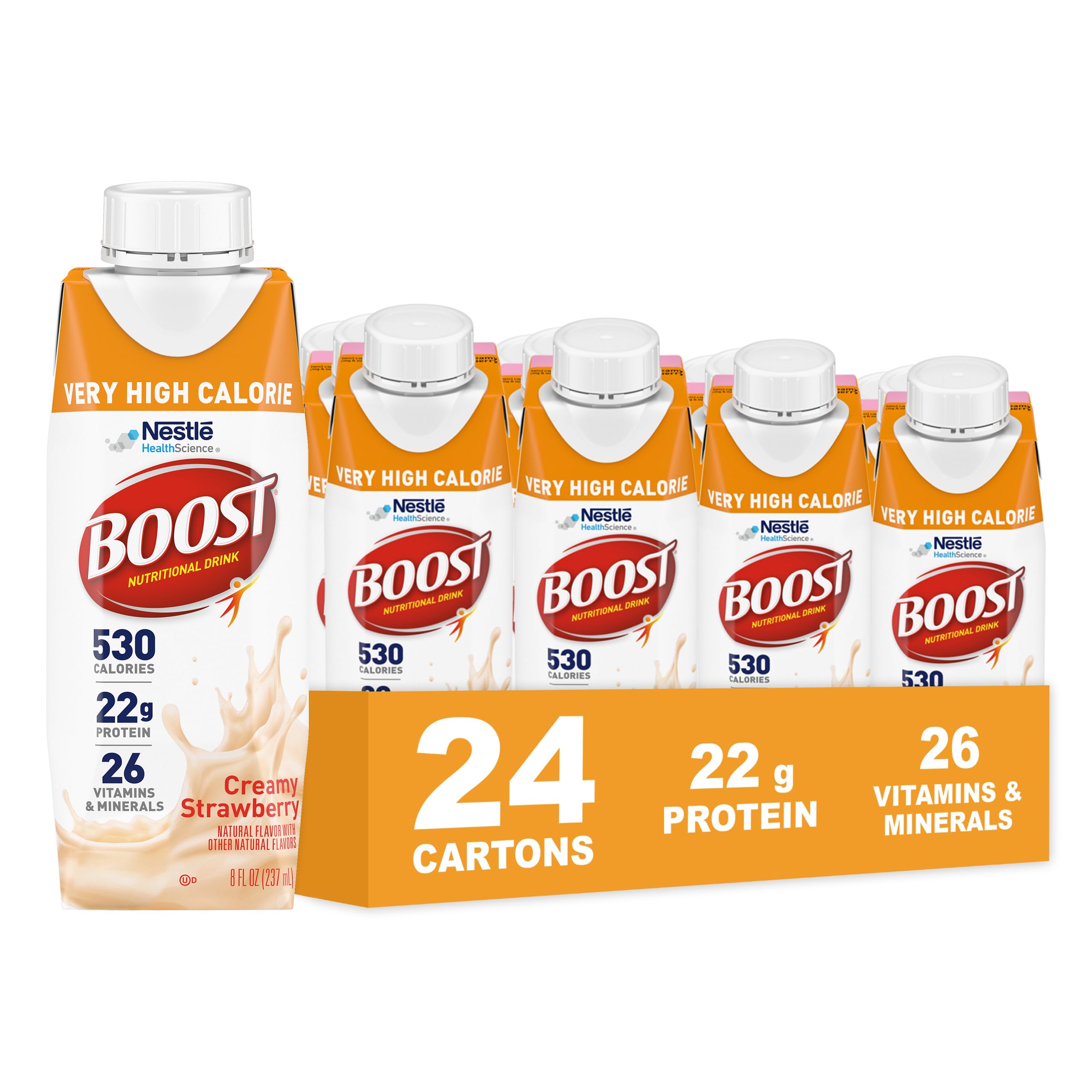 BOOST front packaging showing creamy strawberry shake and calorie callout for convenient energy