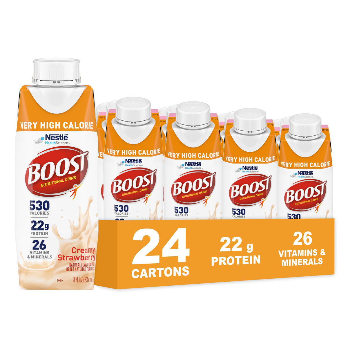 BOOST front packaging showing creamy strawberry shake and calorie callout for convenient energy