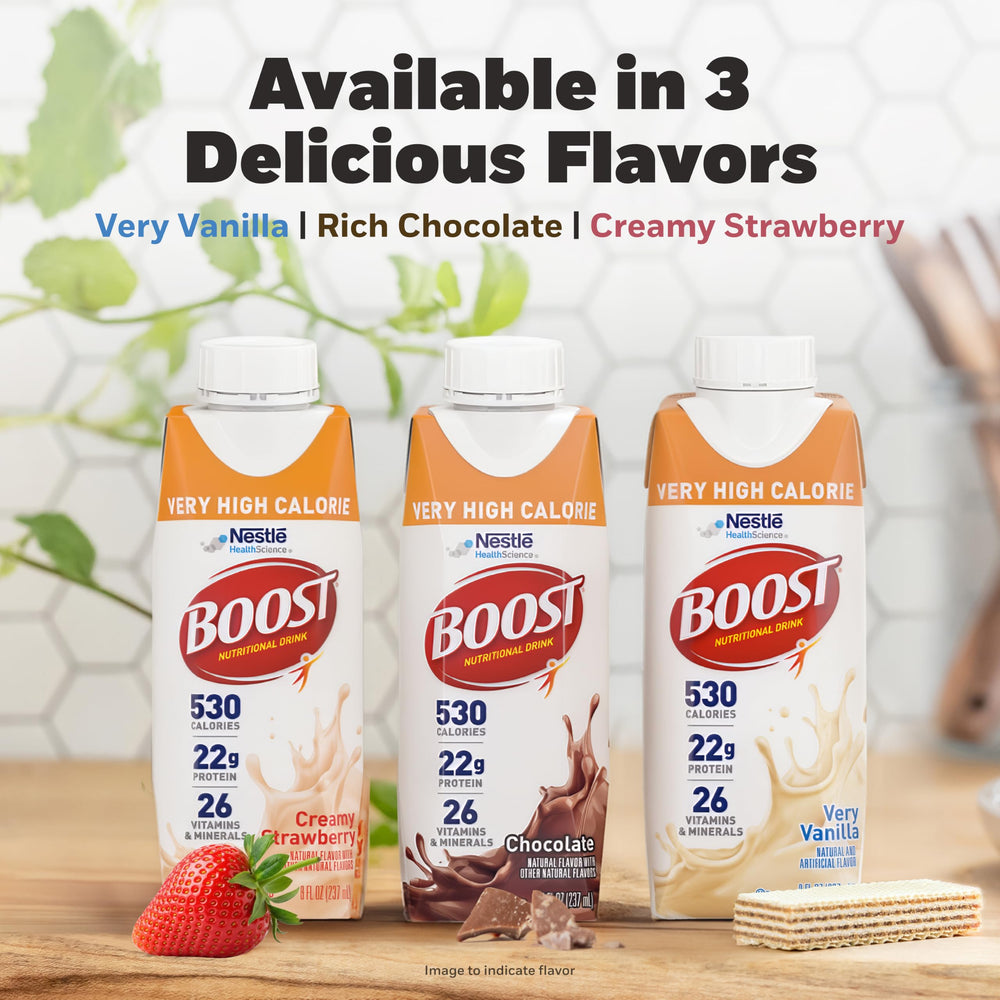 BOOST bottle on kitchen counter next to fruit portraying quick nourishing snack option