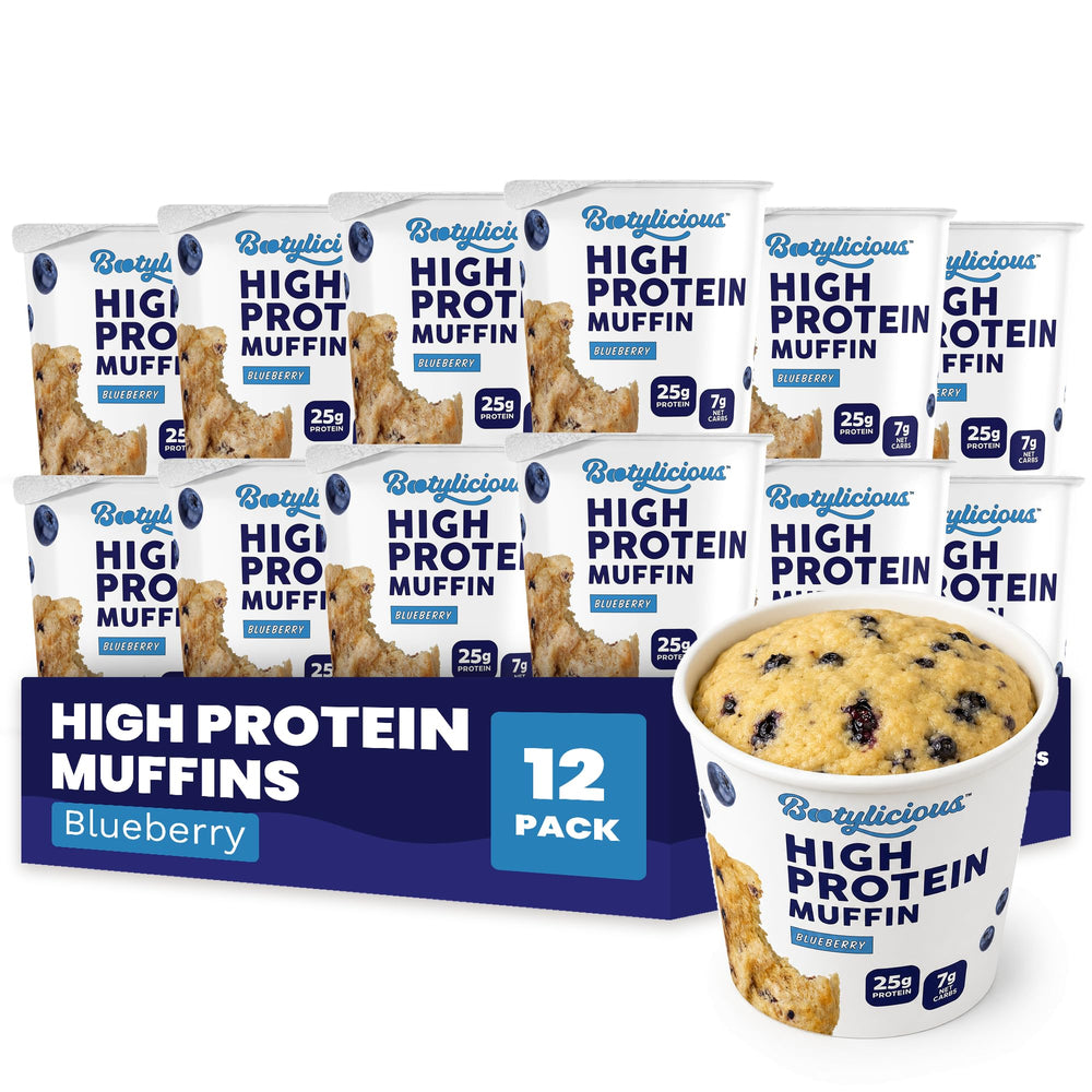 Bootylicious blueberry muffin pack front view showing branding and 12-pack convenience