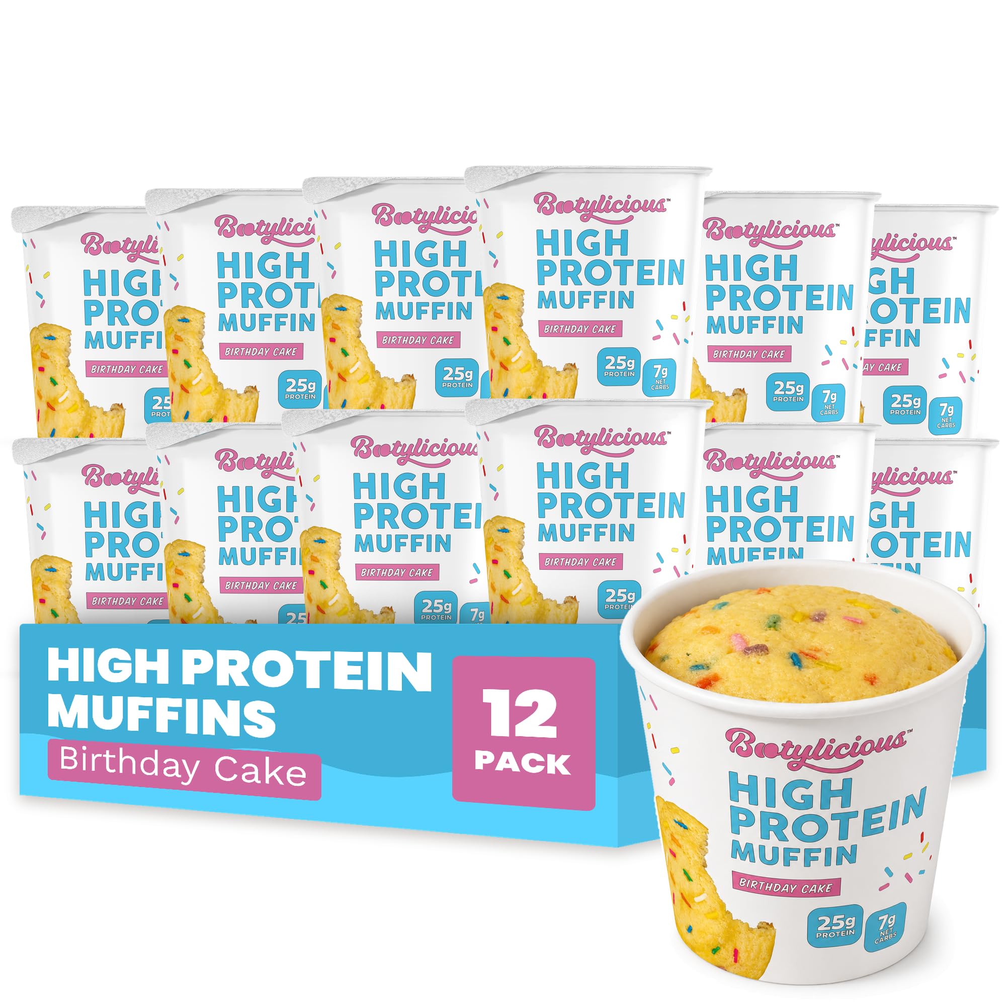 Bootylicious front packaging showing 12 birthday cake muffin cups and convenience