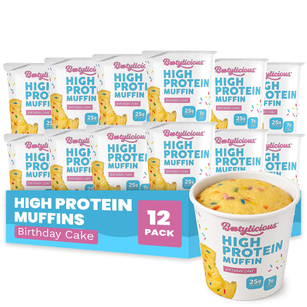 Bootylicious front packaging showing 12 birthday cake muffin cups and convenience