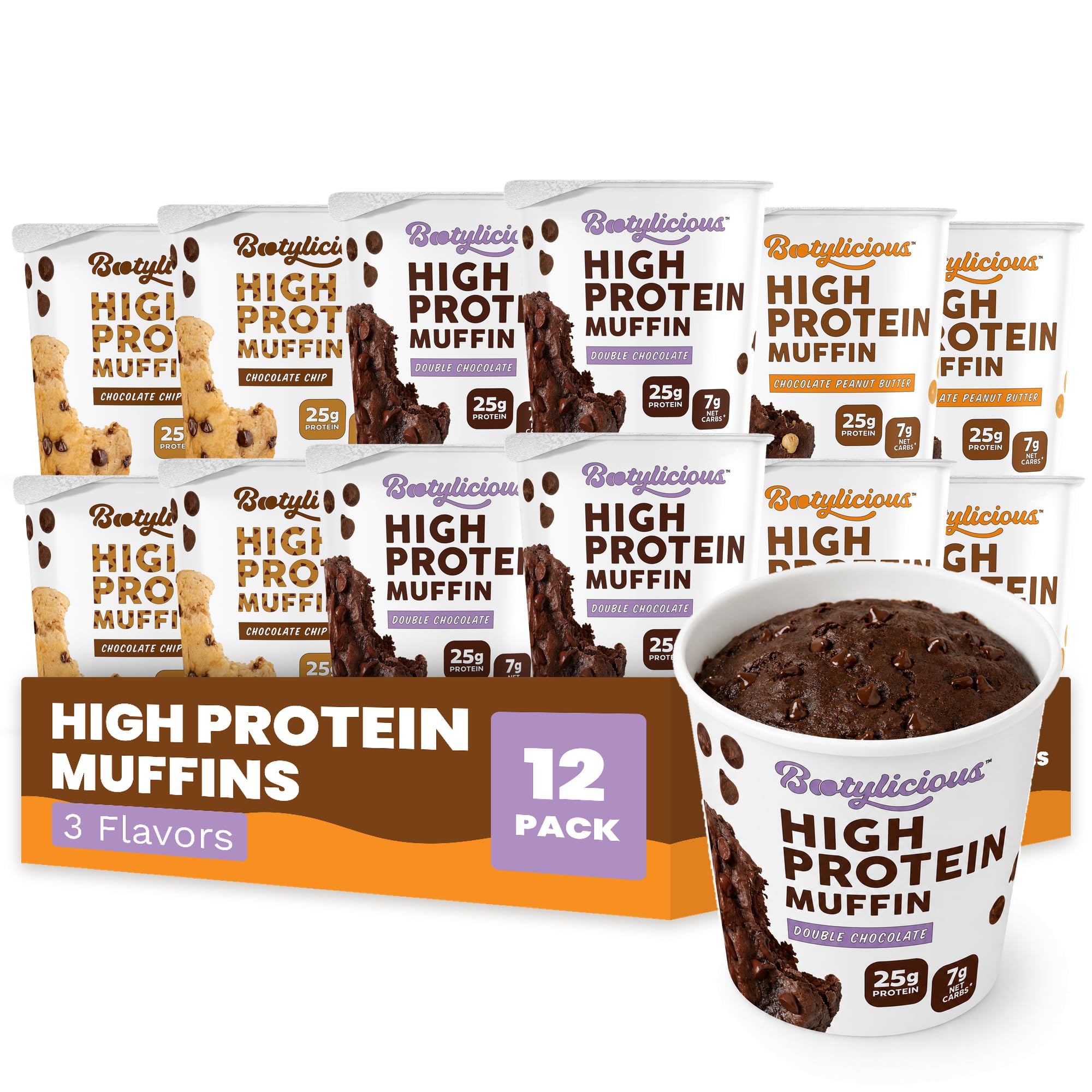 Bootylicious front packaging showing 12-pack and chocolate variety, highlights convenience