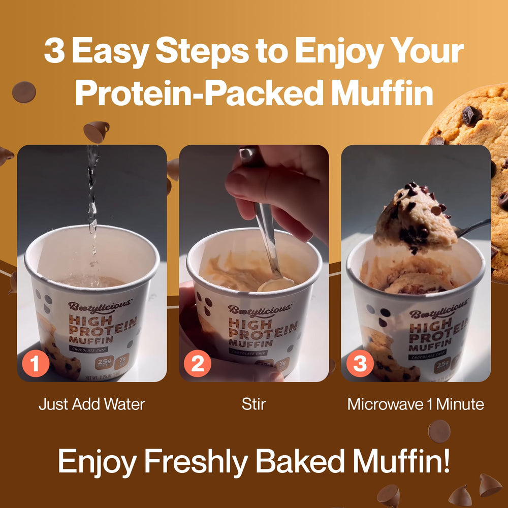 Bootylicious muffin on a breakfast table demonstrating convenient ready-in-minutes option