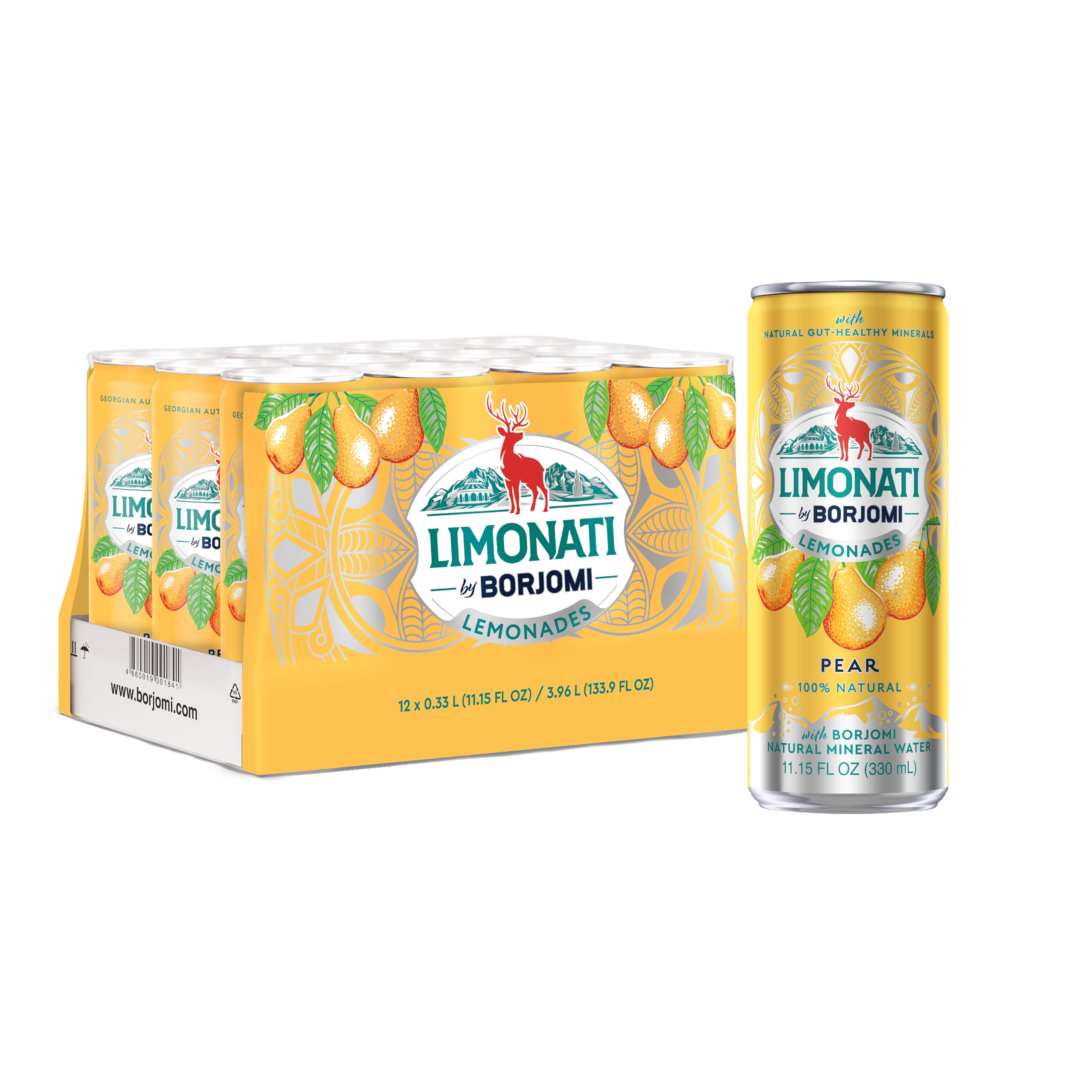 BORJOMI Limonati pear front packaging showing 12-can convenience and brand