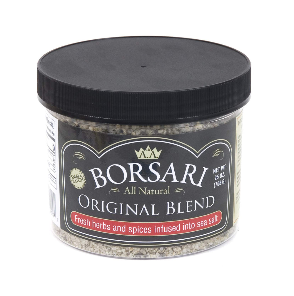 Borsari front packaging showing 25 oz shaker and label, highlights premium quality