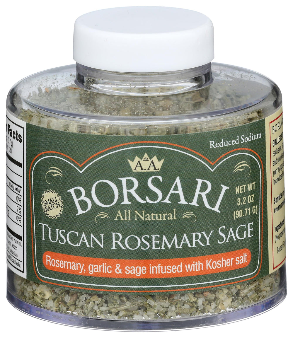 BORSARI front packaging showing 3.2 oz Tuscan rosemary sage salt, ready to use