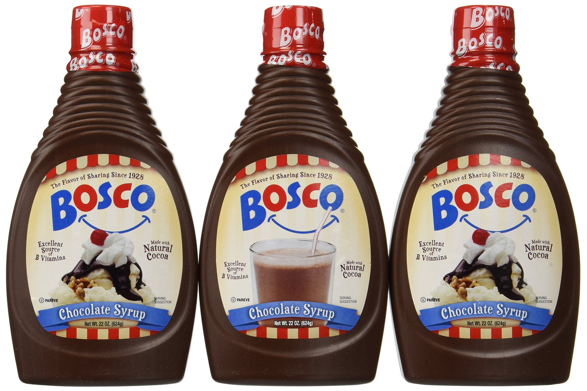 Bosco front packaging 22oz squeeze bottle shows label and easy-pour cap benefit