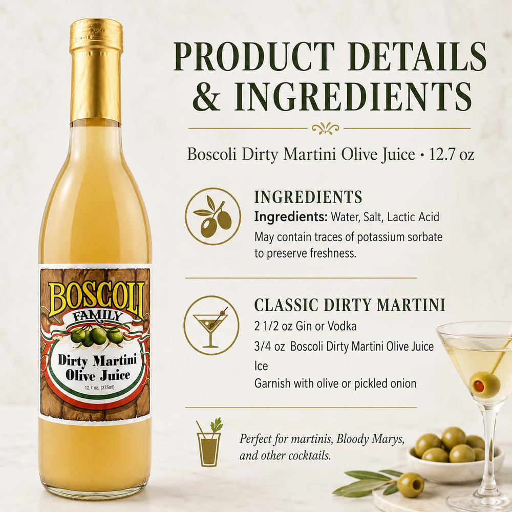 Boscoli Family olive juice pour action into a shaker, making cocktail prep faster