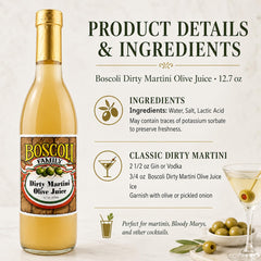 Boscoli Family olive juice pour action into a shaker, making cocktail prep faster