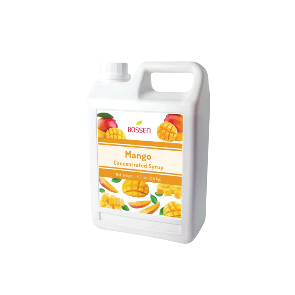Bossen front packaging showing mango syrup bottle and clear product identity benefit