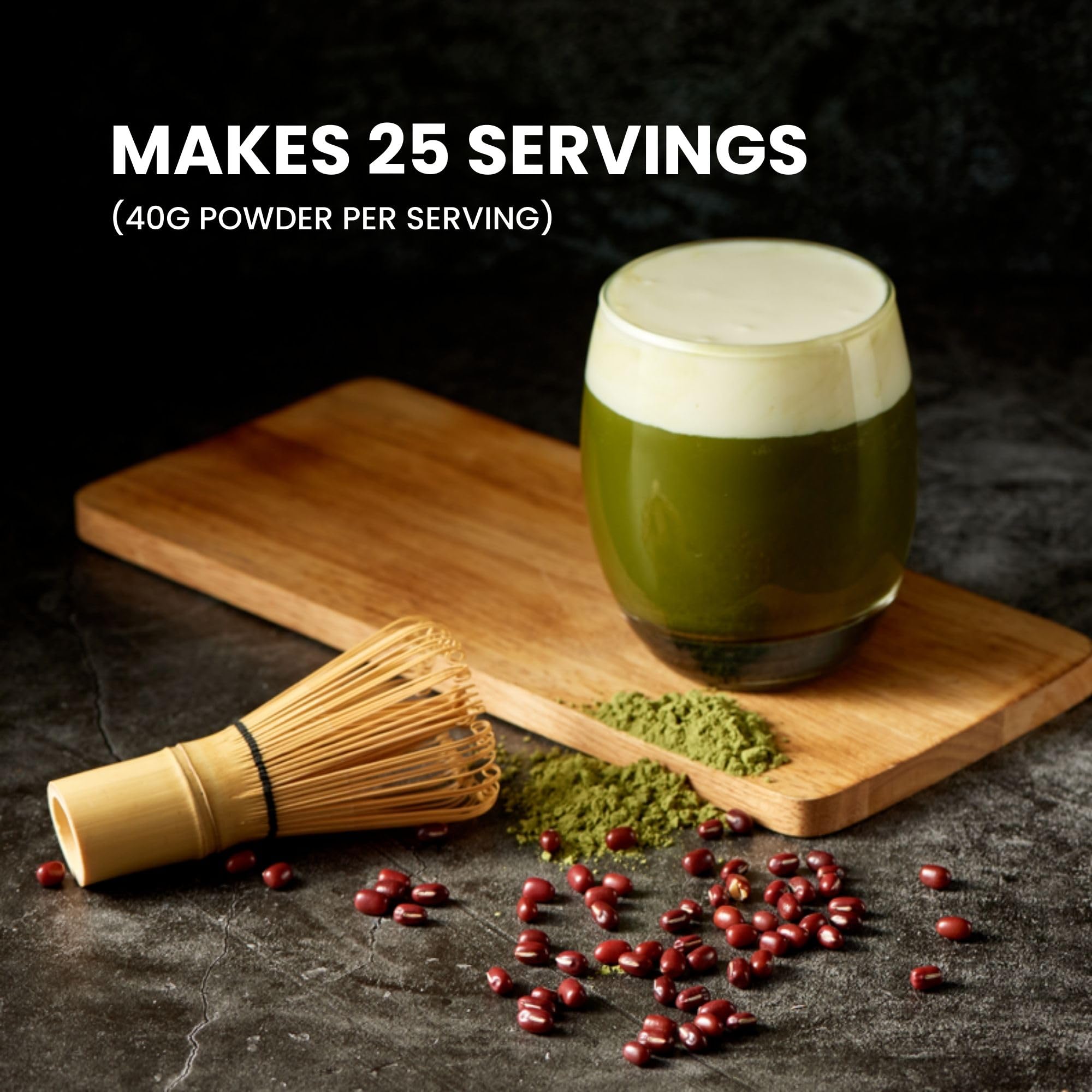 Bossen matcha powder scoop and scale showing 40g portion guidance for consistent 16 oz servings
