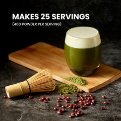 Bossen matcha powder scoop and scale showing 40g portion guidance for consistent 16 oz servings