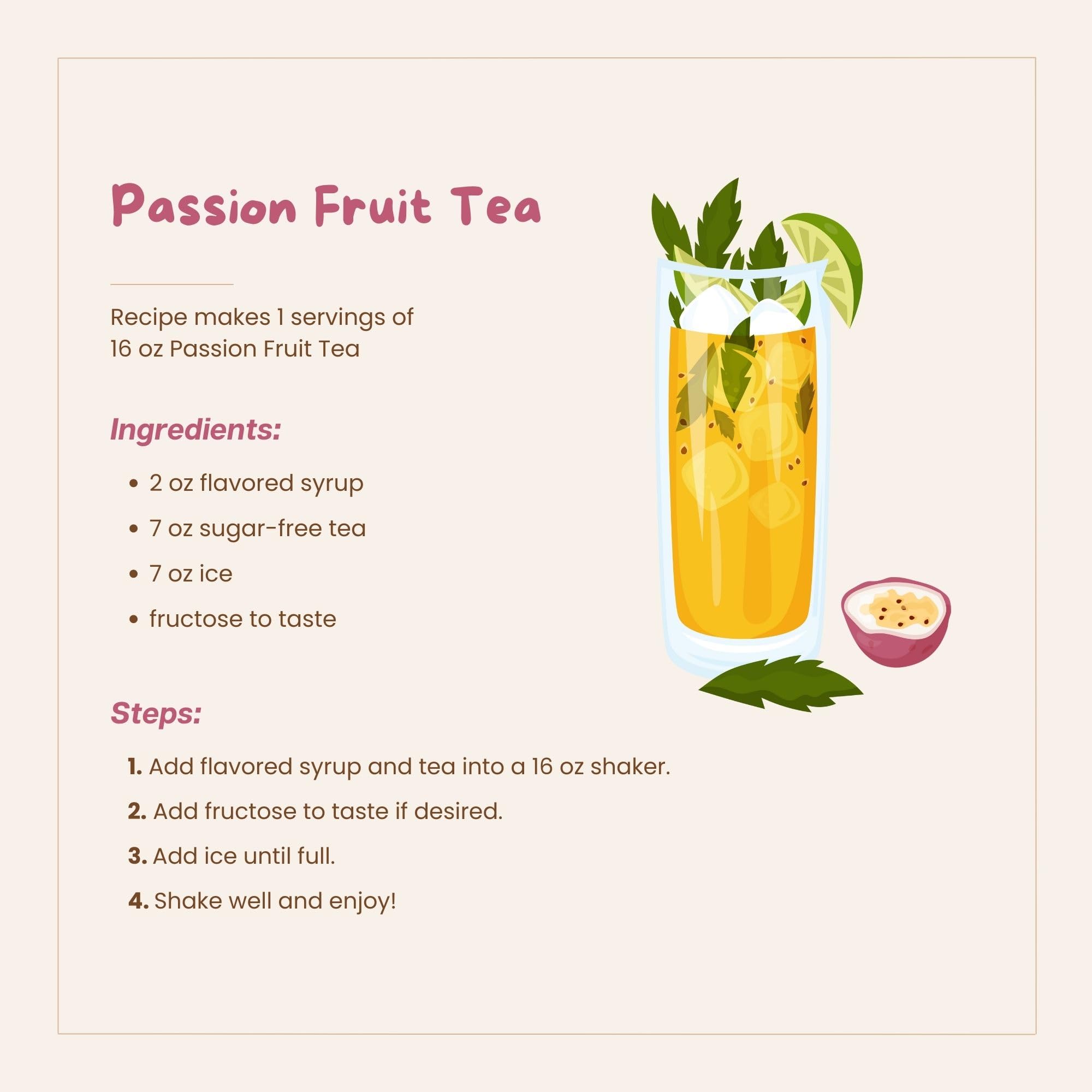 Bossen syrup mixed in iced drink, bright passion fruit flavor boost